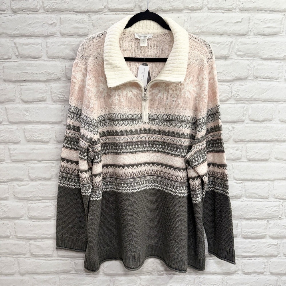 CJ Banks Womans Sweater 3XL Pink & Gray Snowflake Nordic Fair Isle Mock Neck NEW